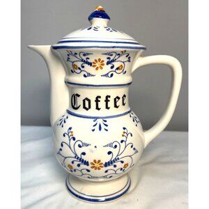 Vintage Acson Ceramic Coffee Pot With Lid Blue & White Floral Design